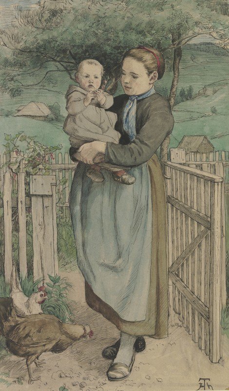 带着孩子站在木栅上的农家女孩`Bauernmädchen mit einem Kind auf dem Arm an einem Holzgitter stehend by Hans Thoma