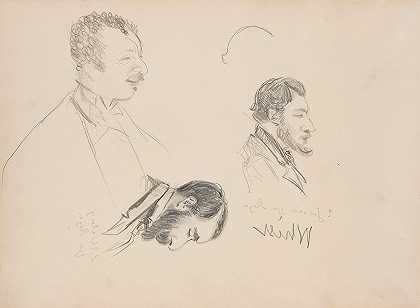 男人侧面的素描`Sketches of Men in Profile (1877) by Edgar Degas