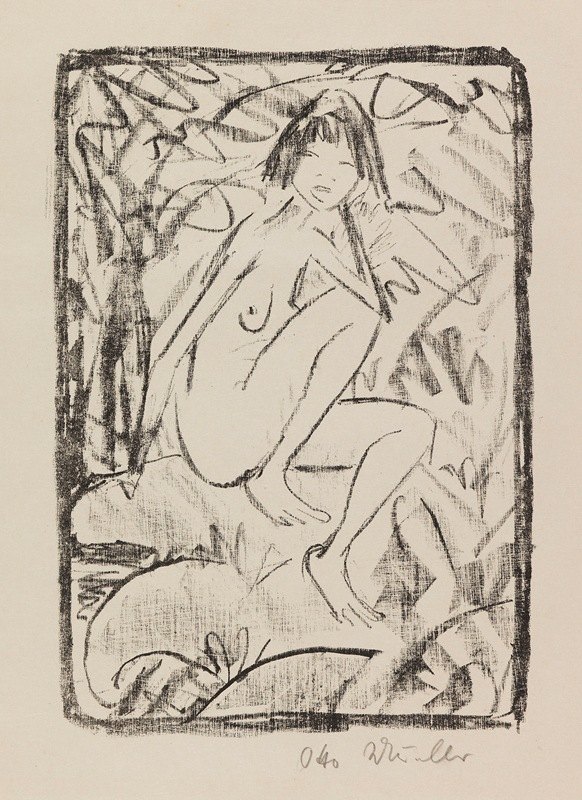 坐着，被树叶环绕（光框）`Sitzende, von Blattwerk umgeben (helle Fassung) (1923) by Otto Mueller