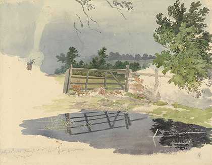 池中倒影的门`A Gate Reflected in a Pool (1805) by Robert Hills