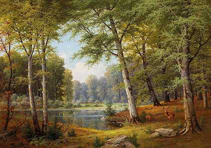 森林池塘里的马鹿`Rotwild am Waldteich (1894) by Jacobus Johannes van Poorten