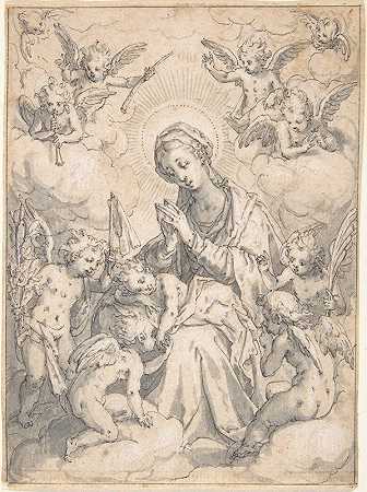 圣母和孩子被包围了`The Virgin and Child Surrounded by Little Angels in the Clouds (ca. 1590) by Little Angels in the Clouds by Friedrich Sustris
