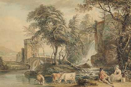 有人物和牛的浪漫风景`Romantic Landscape With Figures And Cattle (c.1725~1809) by Paul Sandby