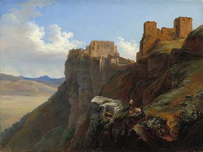 西西里特拉帕尼附近圣朱利亚诺城堡的景观`View of the Castello di San Giuliano,near Trapani Sicily (c. 1824~1826) by Louise-Joséphine Sarazin de Belmont