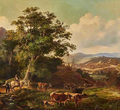 广阔的牛群景观`Extensive Landscape with Cattle (1853) by Francis Daniel Devlan
