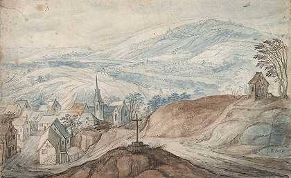 靠近十字路口和远处的村庄景观`Landscape with Village near Crossroads and Distant View (17th century) by School of Jan Brueghel the Elder