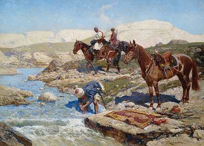 河上的骑兵`Circassian Horsemen at a River by Franz Roubaud