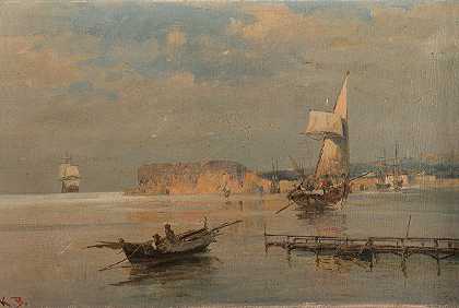 港口的船只`Boats In A Port by Constantinos Volanakis