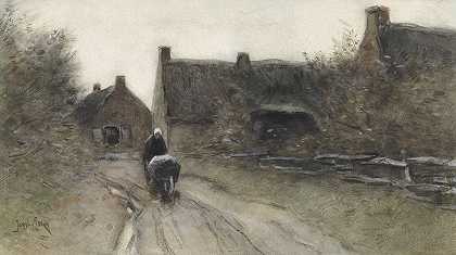村里的一张脸上有一个拿着手推车的女人`Dorpsgezicht met vrouw met kruiwagen (1864 ~ 1936) by Jan van Essen