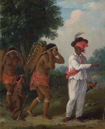 西印度有色人种男子，导演两名带着孩子的加勒比妇女`West Indian Man Of Color, Directing Two Carib Women With A Child (circa 1780) by Agostino Brunias