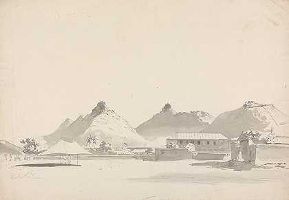 后山有堡垒的军事营地`Military Encampment with Forts on Hills Behind by Samuel Davis
