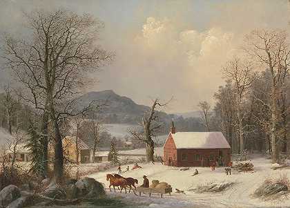 红色校舍（乡村场景）`Red School House (Country Scene) (1858) by George Henry Durrie