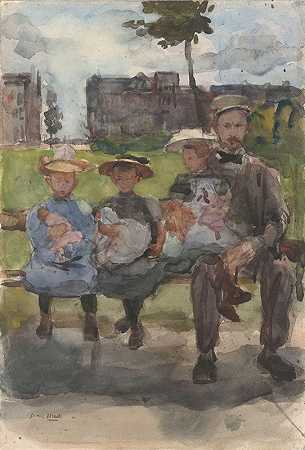 一名男子和三个女孩坐在阿姆斯特丹奥斯特公园的长凳上`A Man with Three Girls on a Bench in the Oosterpark in Amsterdam (c. 1886 ~ c. 1904) by Isaac Israëls