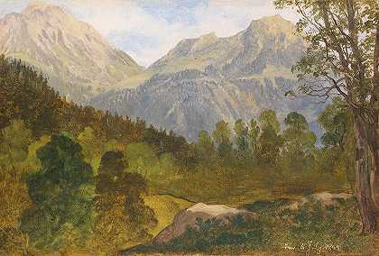 科尼希湖的霍赫·布雷特和詹纳景观`Blick auf das Hohe Brett und den Jenner am Königsee (1844) by Martin Martin