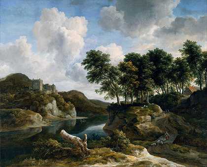 河流景观，悬崖上有一座城堡`River Landscape with a Castle on a High Cliff (1670~1679) by Jacob van Ruisdael