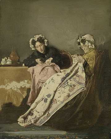 两位女士正在做针线活`Two Ladies at their Sewing (c. 1860 ~ c. 1882) by Alexander Hugo Bakker Korff