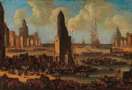 有许多船只的港口`A harbour with numerous boats by Pieter Casteels II