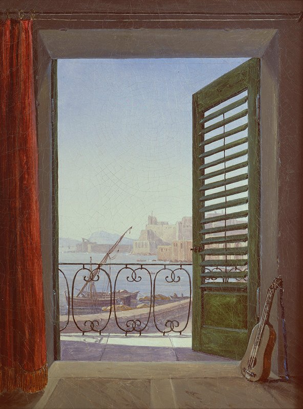 阳台房间，可以看到那不勒斯湾（途经圣卢西亚和戴尔城堡）`Balcony Room with a View of the Bay of Naples (via Santa Lucia and the Castel dellOvo) (circa 1829~1830) by Carl Gustav Carus