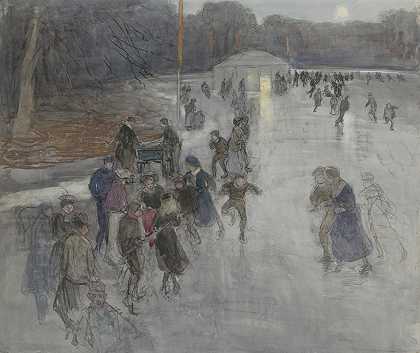 月光下的冰上娱乐，在海牙博世的一个冰冻池塘上`IJsvermaak bij maanlicht, op een bevroren vijver in het Haagse Bosch (1874 ~ 1927) by Johan Antonie de Jonge