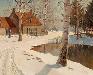 中的小屋`A cottage in the snow by Michel Markinovitch Guermacheff 