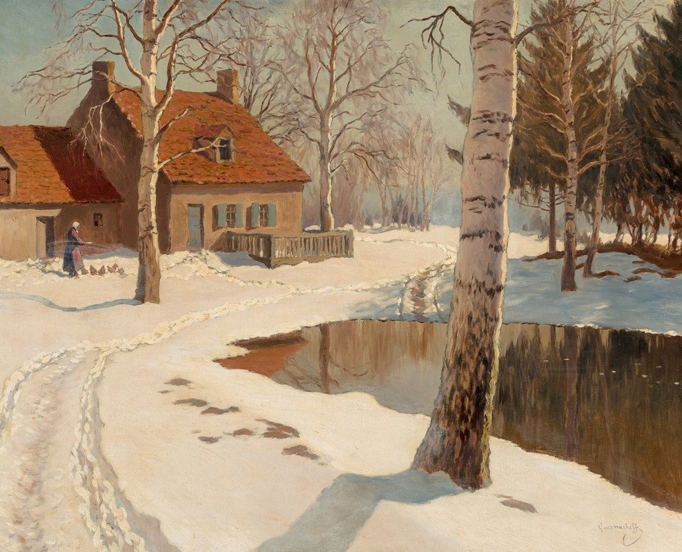 雪中的小屋`A cottage in the snow by Michel Markinovitch Guermacheff