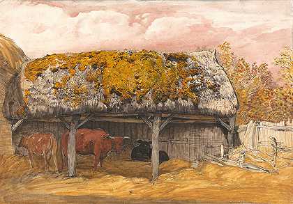 屋顶长满青苔的奶牛小屋`A Cow Lodge with a Mossy Roof (ca. 1829) by Samuel Palmer