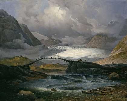 Justedal的Nigard桥。`Nigardsbreen i Justedalen (1846) by Knud Baade
