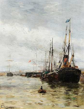 港口的船只`Boats At The Harbor by Edmond-Marie Petitjean