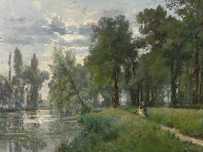 行走`Walking by the river (1874) by the river by Alexandre René Veron