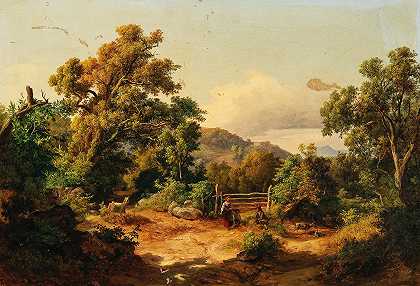 有牧羊人的风景`A Landscape with Goatherders (1848) by Karoly Marko the Younger