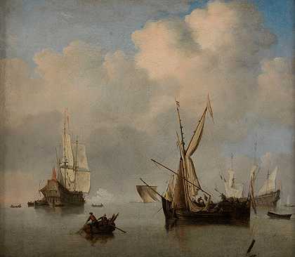 平静的大海两个荷兰小混混在船对船锚。海军`Mer calme; deux petits cabotiers néerlandais à lancre bord~à~bord. Marine (1675) by Willem van de Velde the Younger