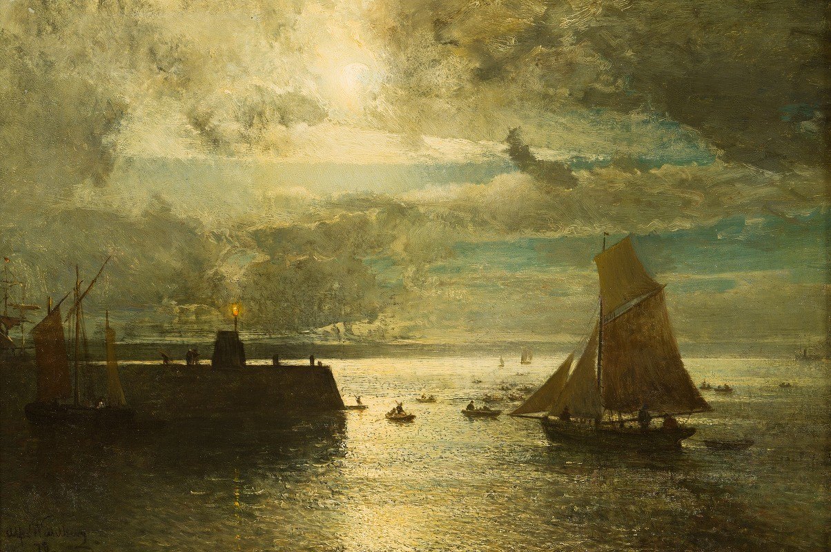 月光下的风景`Moonlit Landscape (1878) by Alfred Wahlberg