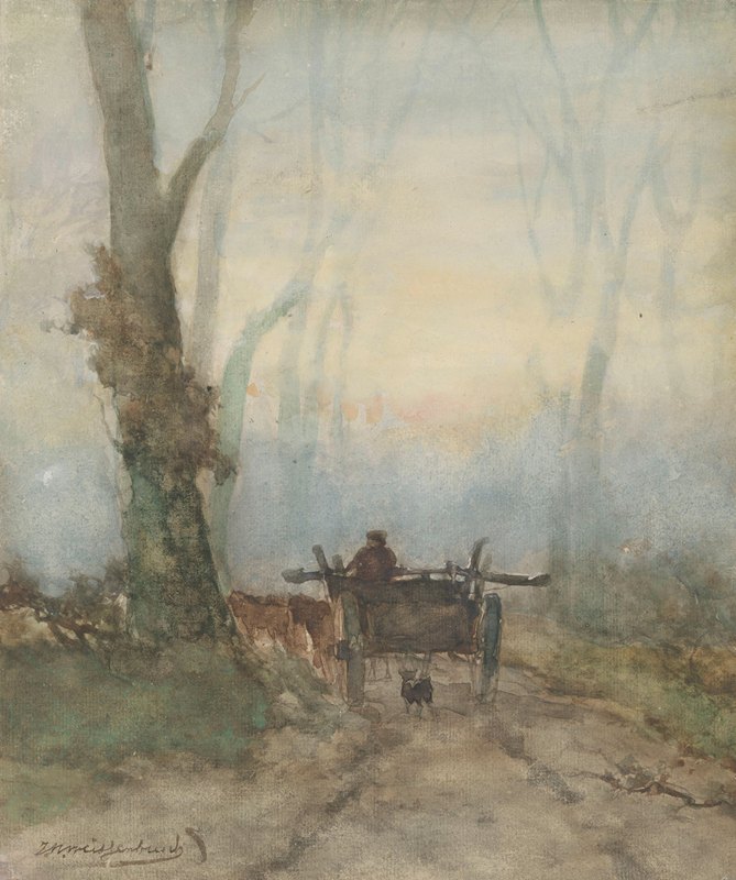 森林路上的农用车`Boerenkar op bosweg (1834 ~ 1903) by Johan Hendrik Weissenbruch