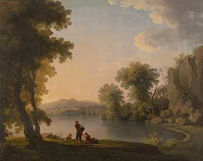 三个渔夫在湖边休息`Three Fisherman Resting Alongside A Lake by Follower of William Ashford