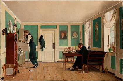 阿玛利加德的屋内。卡尔·路德维格·本兹上尉站着，雅各布·克里斯蒂安·本兹博士坐着`Interior from Amaliegade. Captain Carl Ludvig Bendz standing and Dr. Jacob Christian Bendz seated (1829) by Wilhelm Bendz
