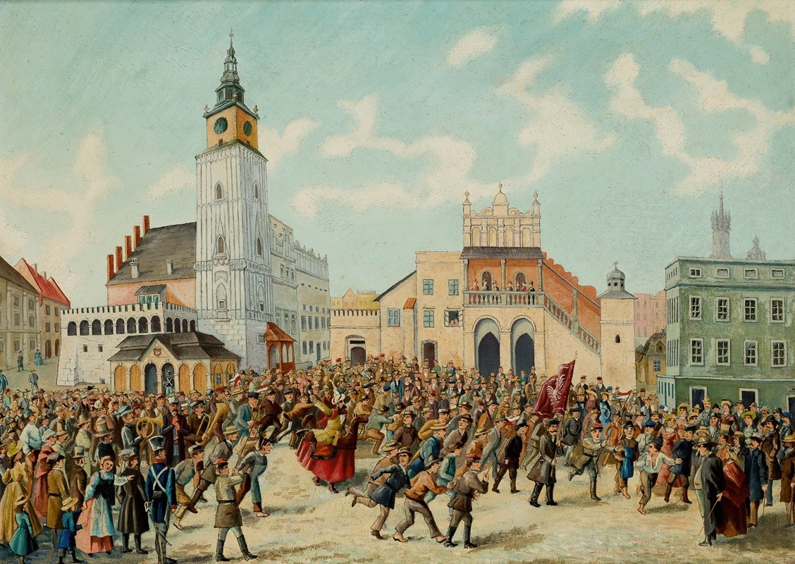 克拉科夫主要市场广场上的Lajkonik`Lajkonik in the Main Market Square in Krakow (1900) by Klemens Bąkowski