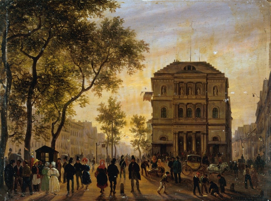 剧院模棱两可-喜剧和圣马丁大道`Le Théâtre de lAmbigu~Comique et le boulevard Saint~Martin (1830) by Giuseppe Canella