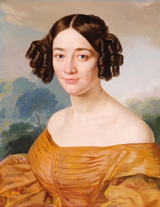 穿着黄色连衣裙的女士肖像，路易丝·波拉科娃肖像（1803-1873）`Portrait of a Lady in Yellow Dress, portrait of Luise Polácková (1803~1873) by Stanislav Kapsarides