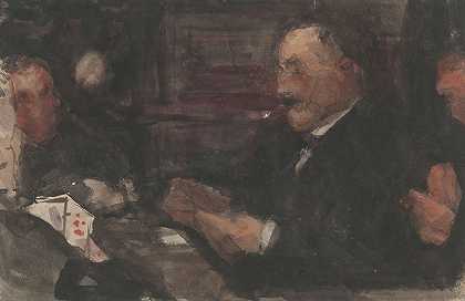 在咖啡馆打牌`Kaartende heren in café (1875 ~ 1934) by Isaac Israëls