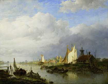 河上有灯塔的小船`Boats on a River with a Beacon of Light (1847) by Hendrik Vettewinkel