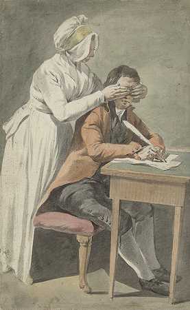 女孩遮住了一个年轻人的眼睛`Meisje bedekt de ogen van een jongeling (1709 ~ 1789) by Etienne Jeaurat