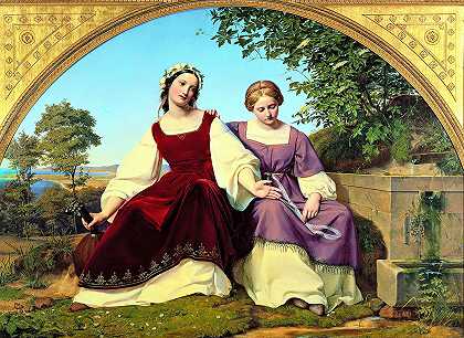 井边有两个女孩`Two Girls at the Well (1833) by Eduard Julius Friedrich Bendemann