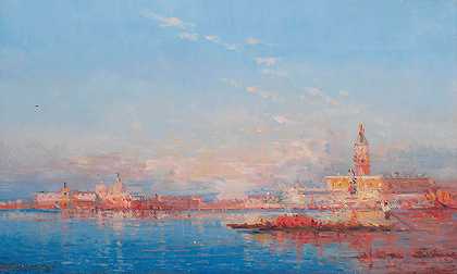 威尼斯环礁湖上的一艘商船`A trading vessel on the Venetian lagoon by Henri Duvieux