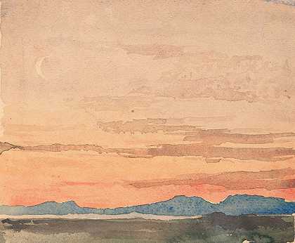 黄昏时分从Ins俯瞰诺伊沙特尔湖东北端`Blick auf das Nordostende des Neuenburger Sees von Ins aus bei Abenddämmerung (1892) by Albert Anker