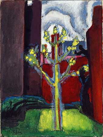 红院小树`Young Tree in Red Courtyard (1919) by Oscar Bluemner