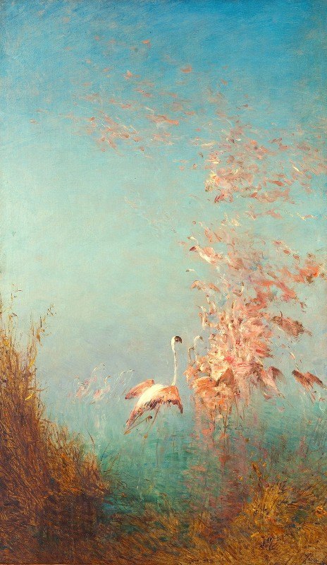 火焰玫瑰园`Envol De Flamants Roses, Étang De Vaccarès (1890~1895) by Félix Ziem