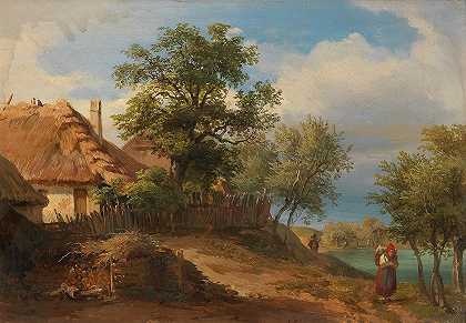 有茅草农舍和装饰人物的景观`Landscape with Thatched Farmhouses and decorative figures by Josef Höger