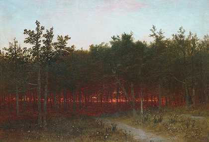 康涅狄格州达里安雪松中的黄昏`Twilight in the Cedars at Darien, Connecticut (1872) by John Frederick Kensett