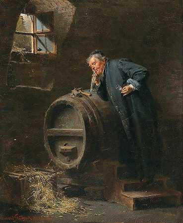 在酒窖里拿着葡萄酒虹吸管的僧侣`A monk in a wine cellar with a wine siphon by Eduard von Grützner