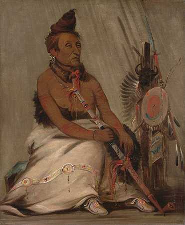 Eh Tohk-Pah-She-Pée-Shah，黑色软呢帽，老酋长`Eh~Tohk~Pah~She~Pée~Shah, Black Moccasin, Aged Chief (1832) by George Catlin